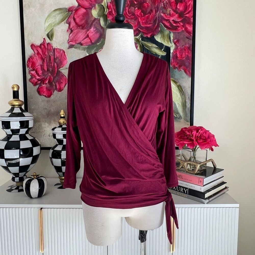 Loveappella Women's Faux Wrap Ruched Side Tie Blouse Burgundy Medium NWT